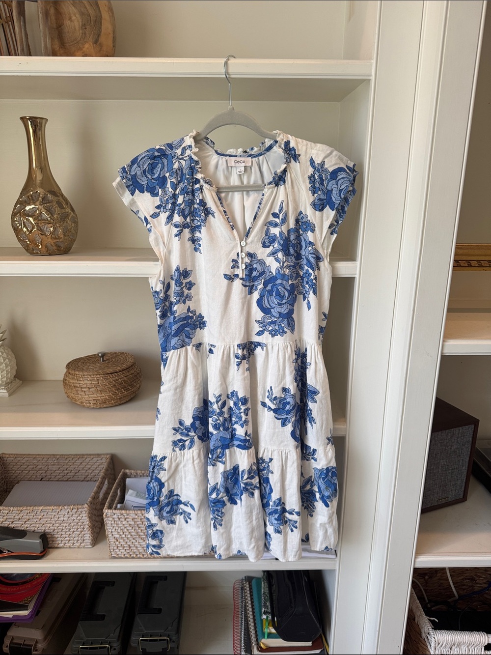 CeCe White Dress with Blue Floral Pattern